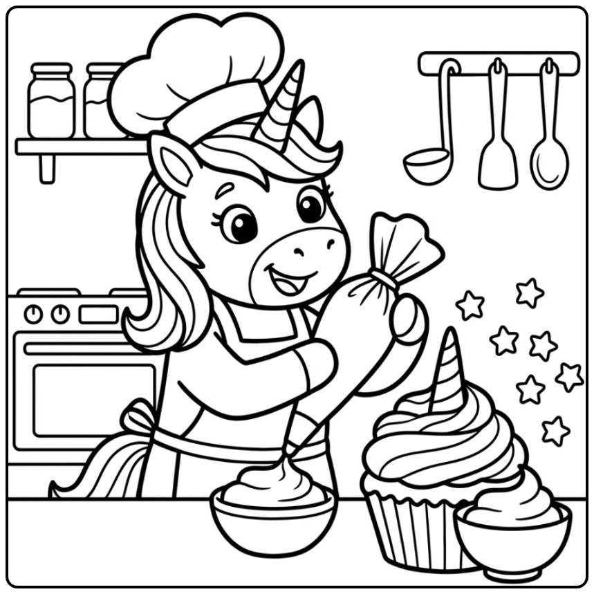 Een schattige chef unicorn cupcake kleurplaat in de keuken.