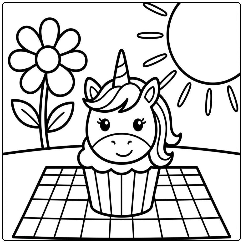 Een schattige unicorn cupcake kleurplaat op een picknickkleed.