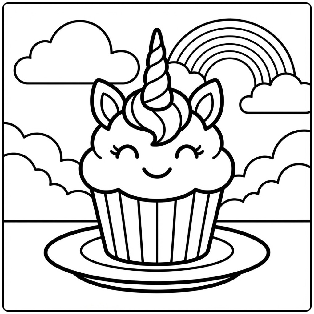 Een schattige unicorn cupcake kleurplaat met een regenboog.