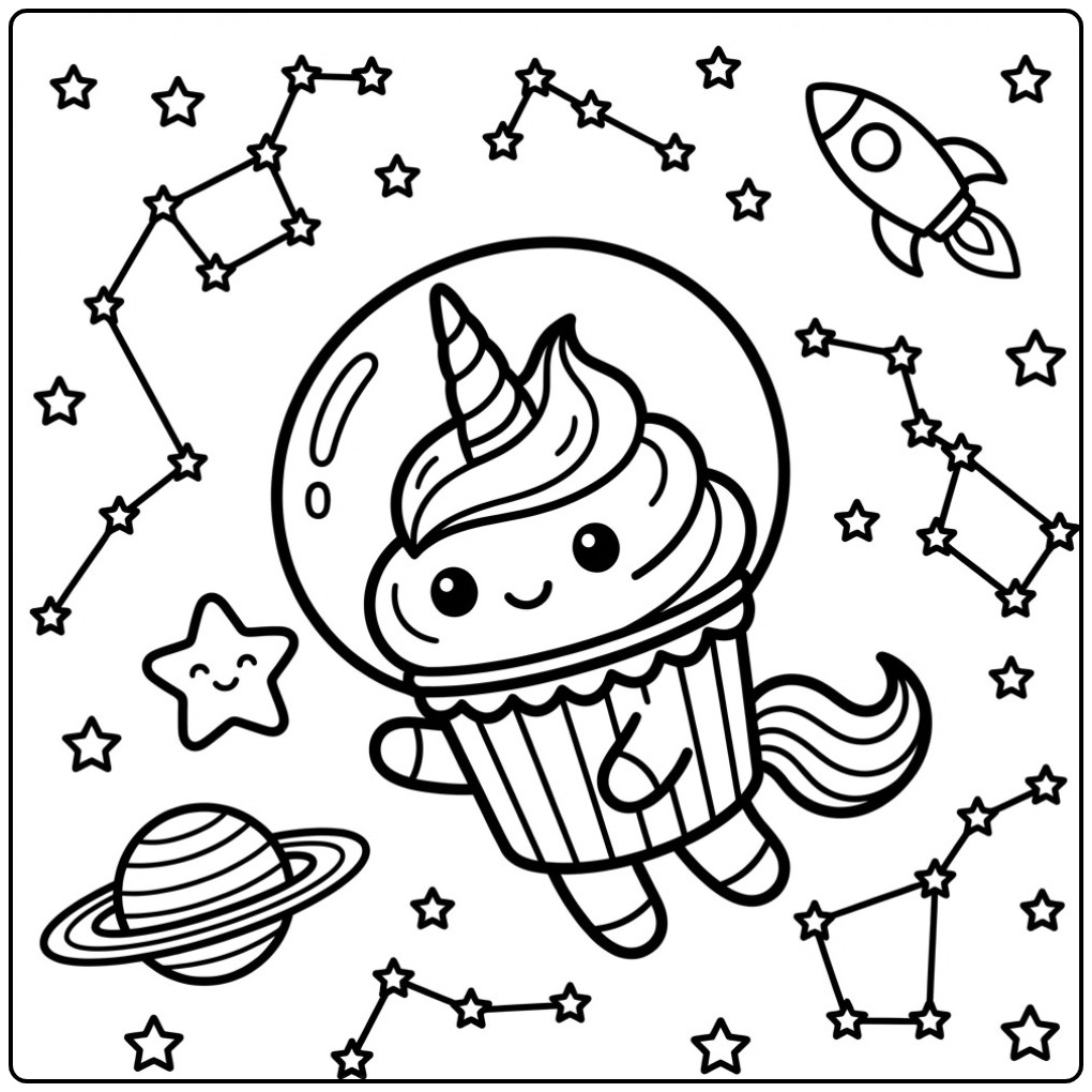 Een schattige unicorn cupcake kleurplaat als astronaut in ruimte.