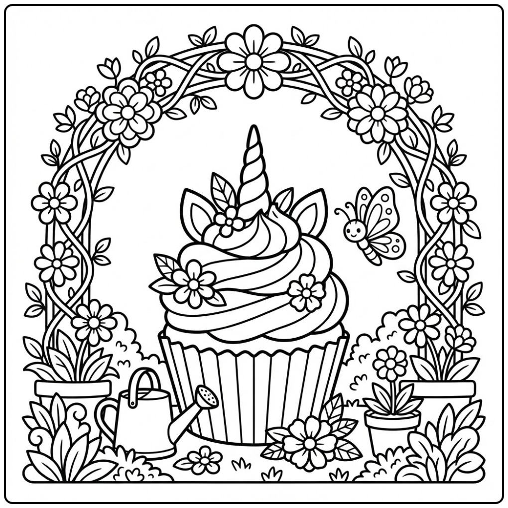 Schattige unicorn cupcake kleurplaat in een bloementuin.
