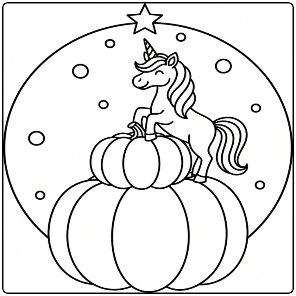 Een schattige unicorn halloween kleurplaat met twee pompoenen.