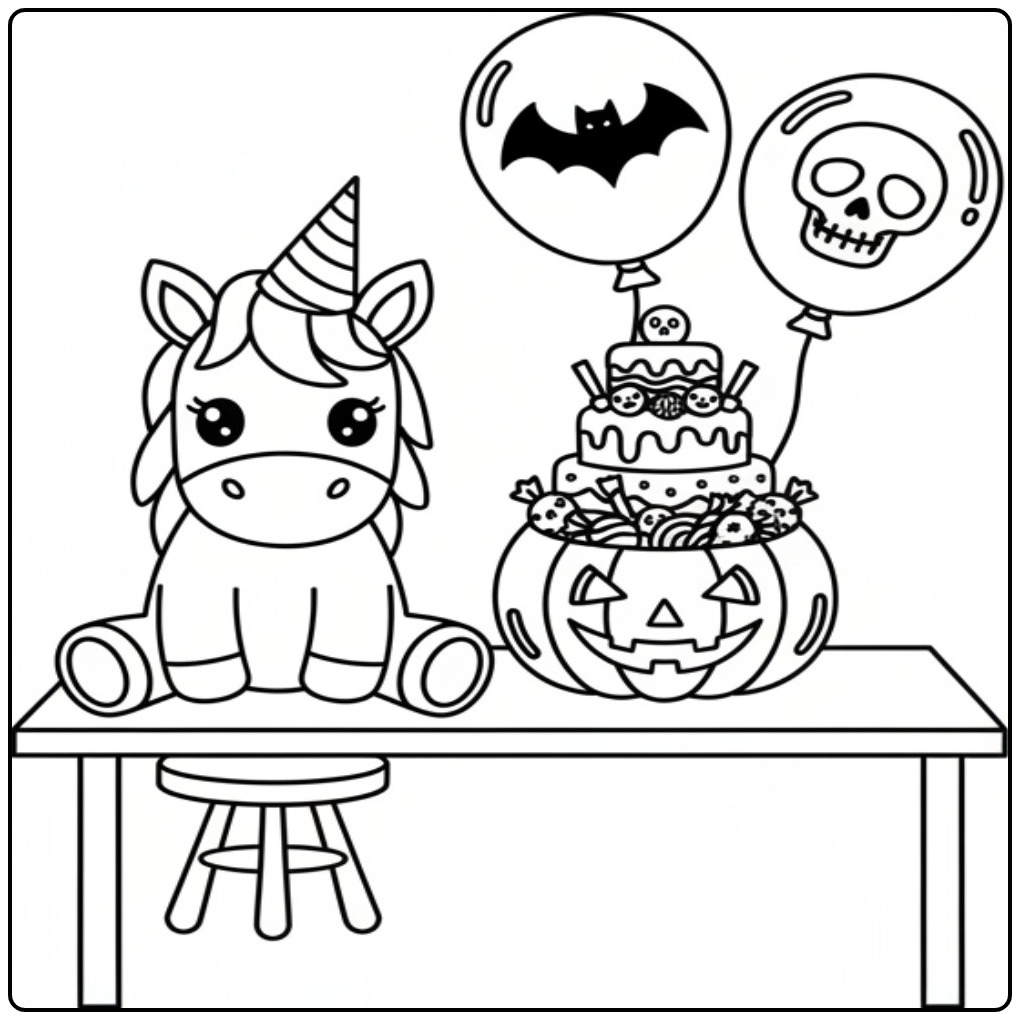 Een leuke unicorn halloween kleurplaat met een eenhoorn en taart.