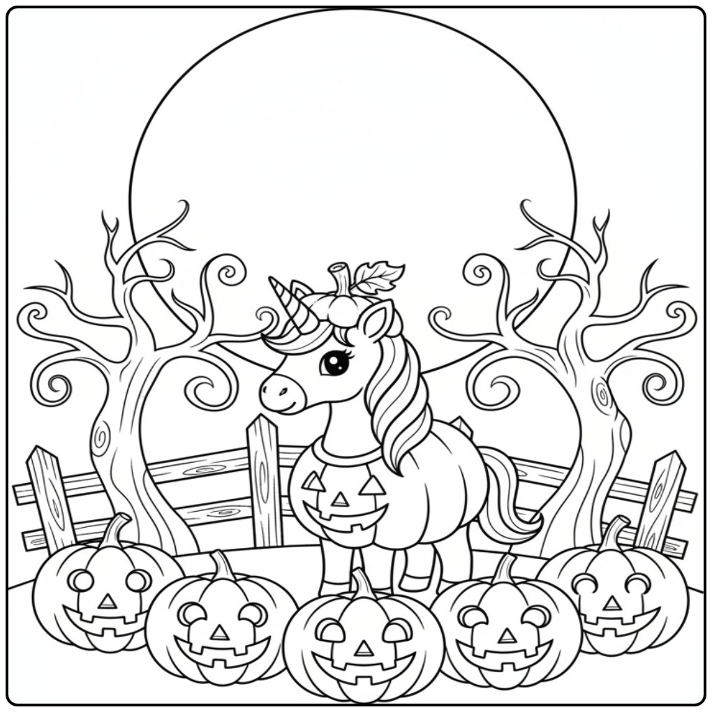 Schattige unicorn halloween kleurplaat met pompoenen en maan.
