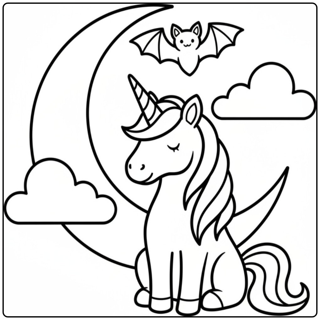 Een schattige unicorn halloween kleurplaat met een vleermuis.