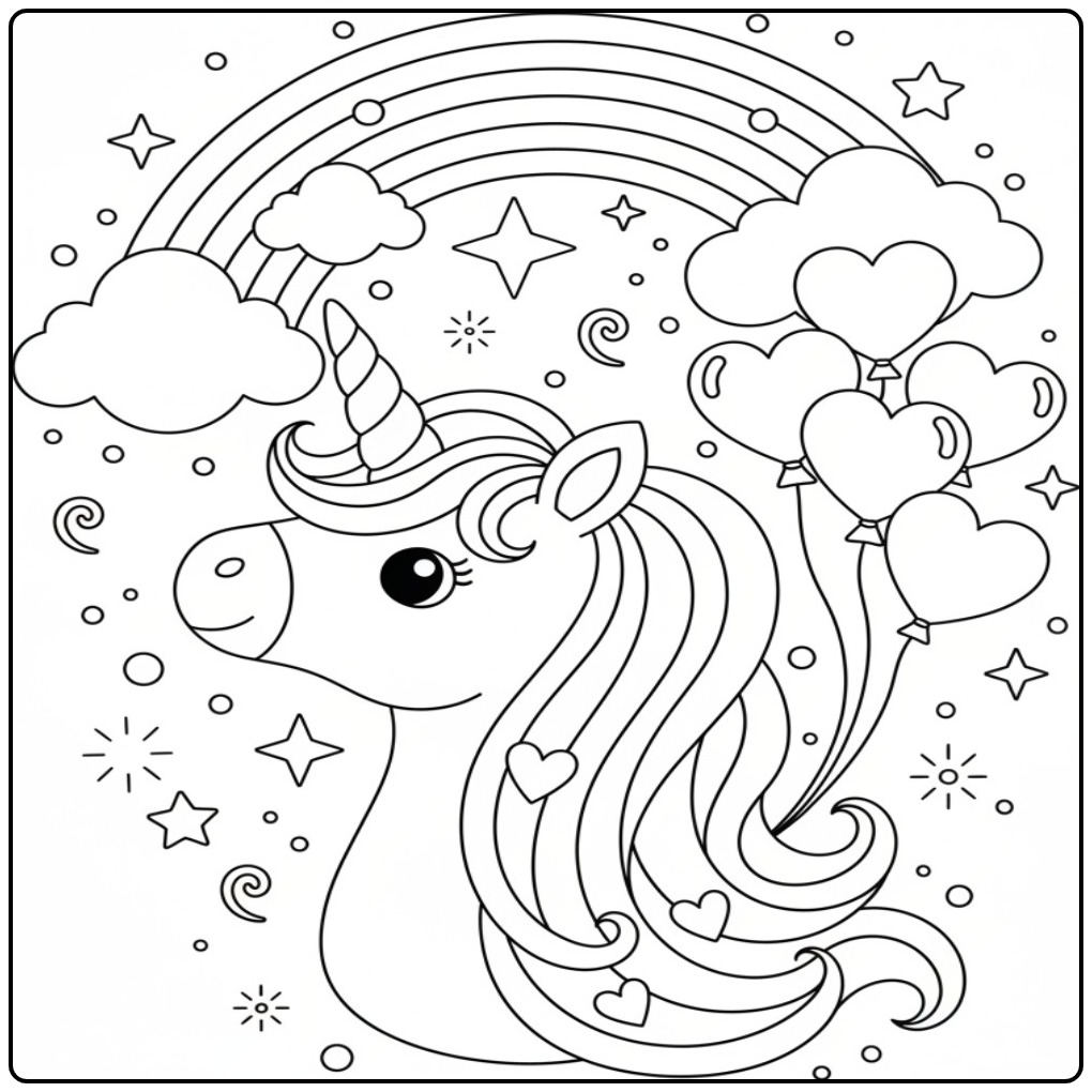 Lieve Unicorn hoofd en regenboog kleurplaat met hartjes.