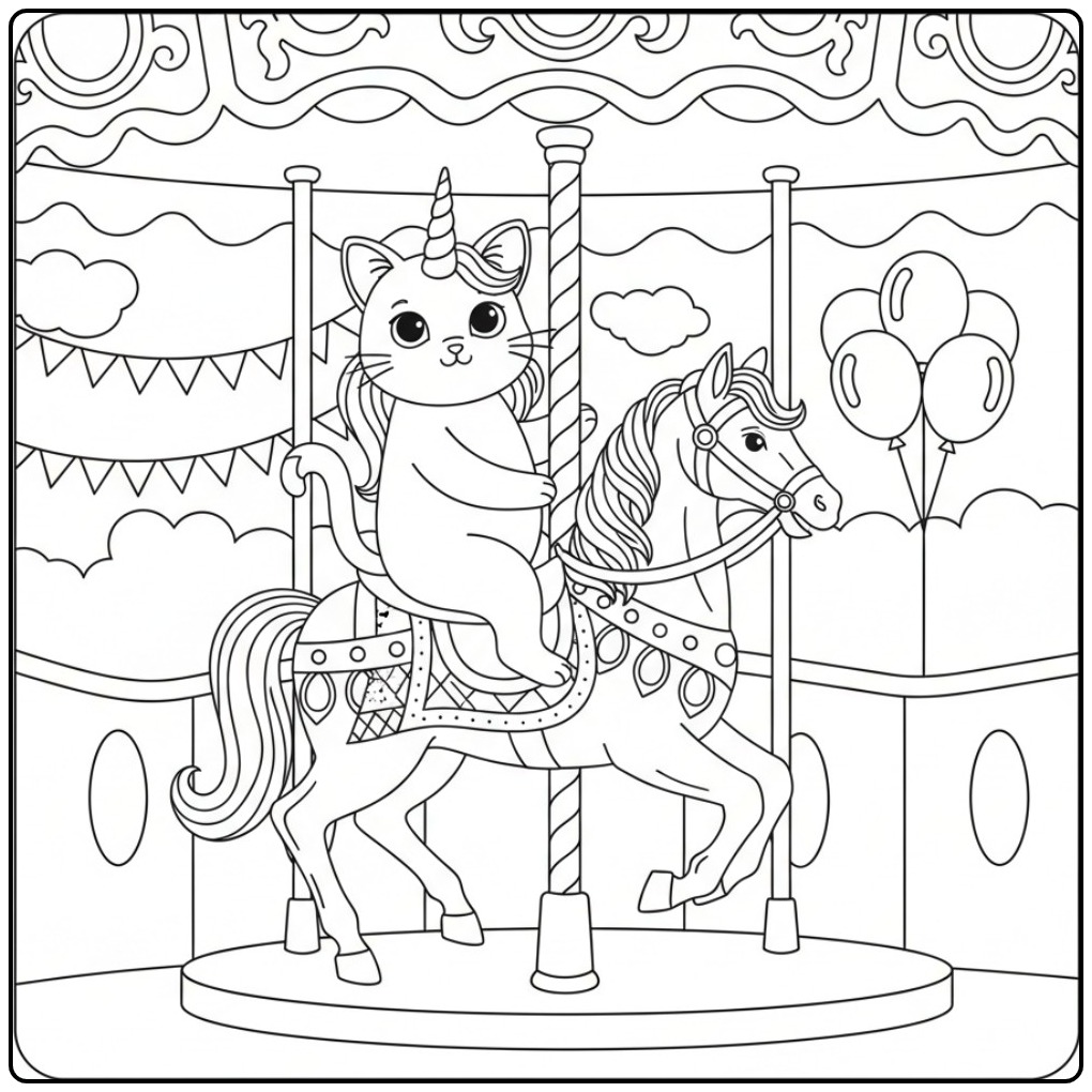 Een schattige unicorn kat kleurplaat op een carrousel paard.