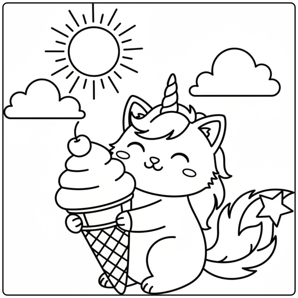 Een schattige unicorn kat kleurplaat met een lekker ijsje.