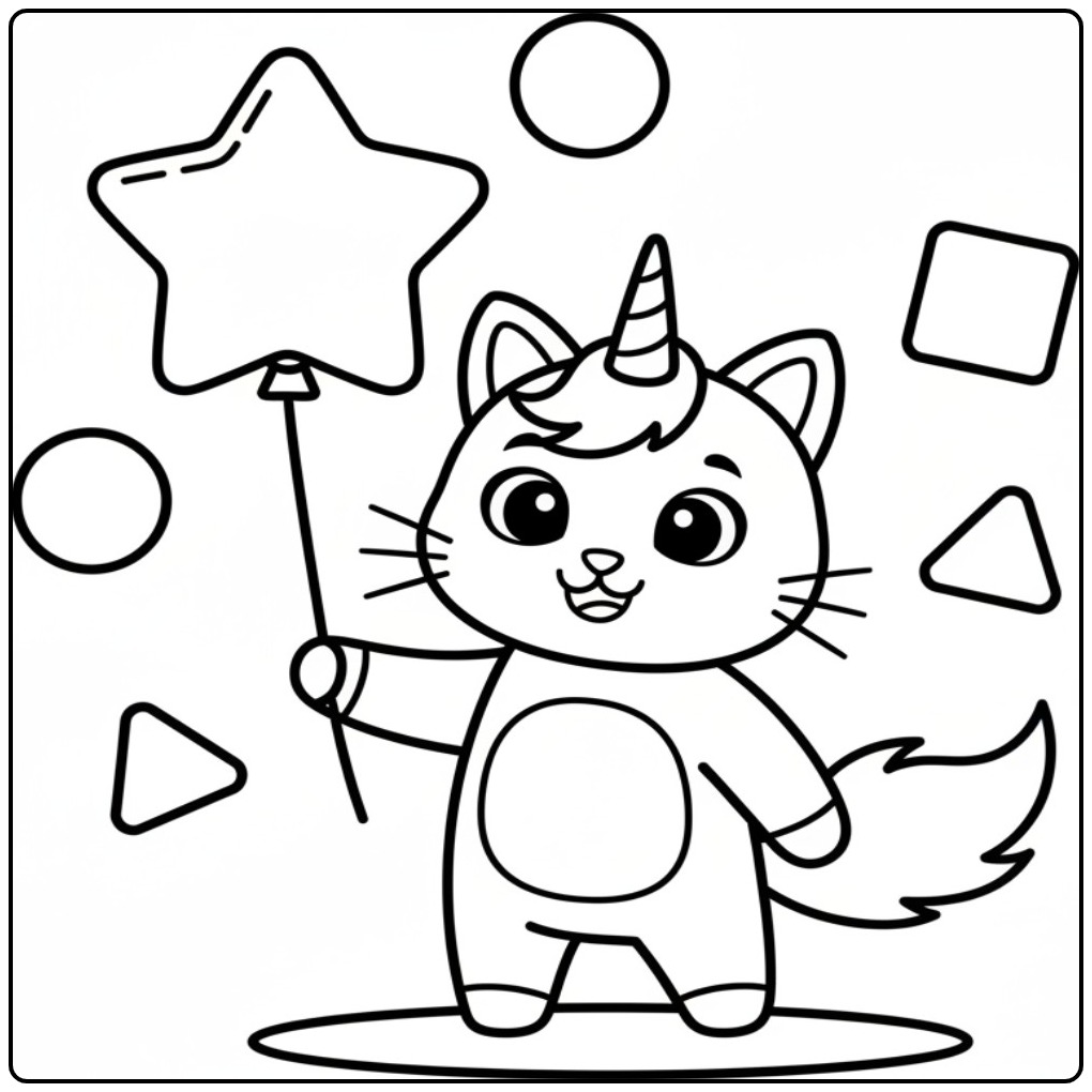 Schattige unicorn kat kleurplaat met een sterrenballon.