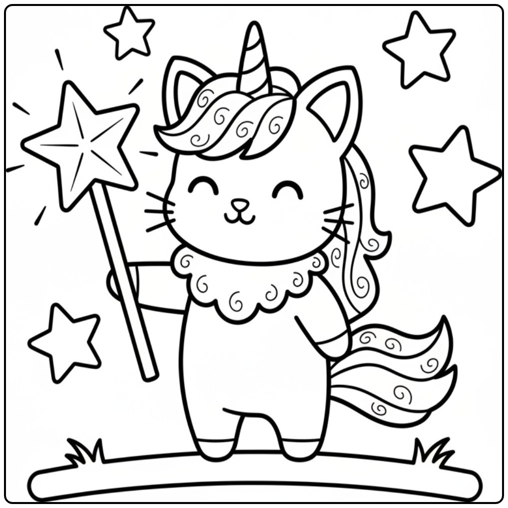 Een blije unicorn kat kleurplaat met een toverstaf en sterren.