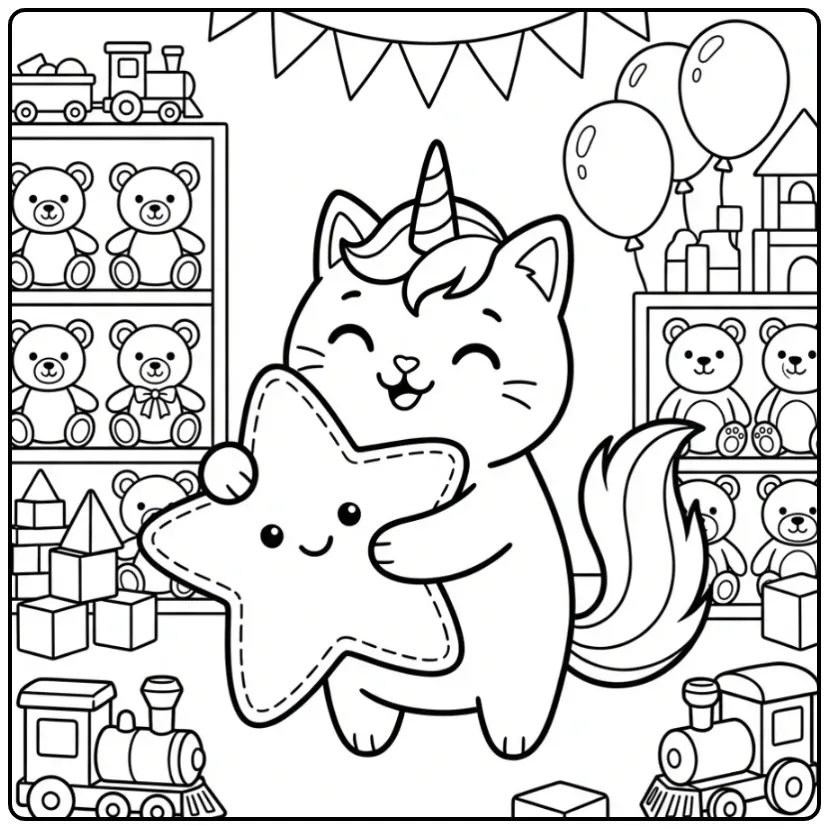 Schattige unicorn kat kleurplaat in een volle speelgoedwinkel.
