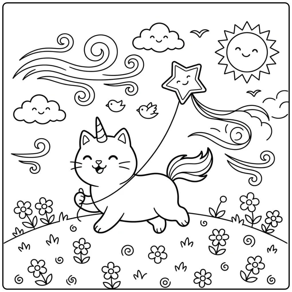 Schattige unicorn kat kleurplaat met een sterrenvlieger.