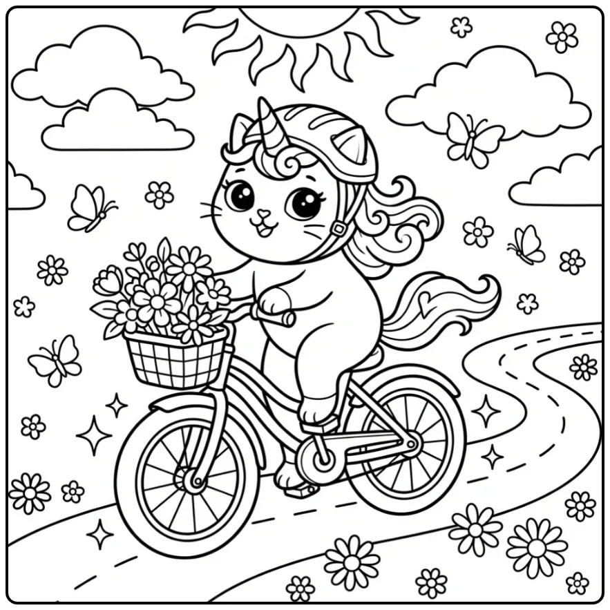 Schattige unicorn kat kleurplaat op de fiets met bloemen.