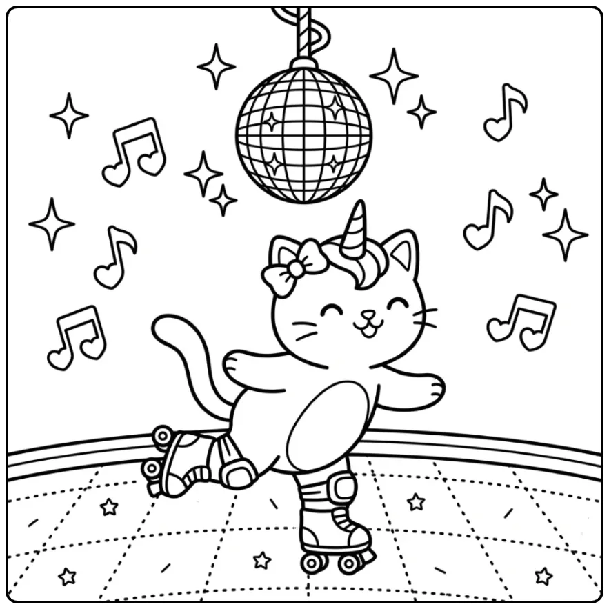 Rolschaatsende unicorn kat kleurplaat met discolamp.