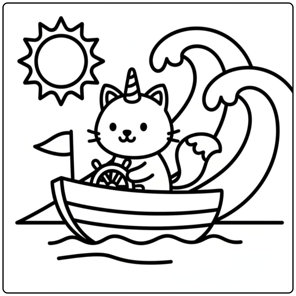 Een schattige unicorn kat kleurplaat op een boot op zee.