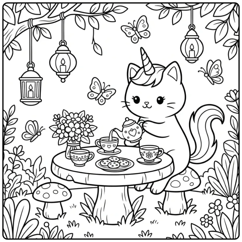 Schattige unicorn kat kleurplaat met een theekransje.