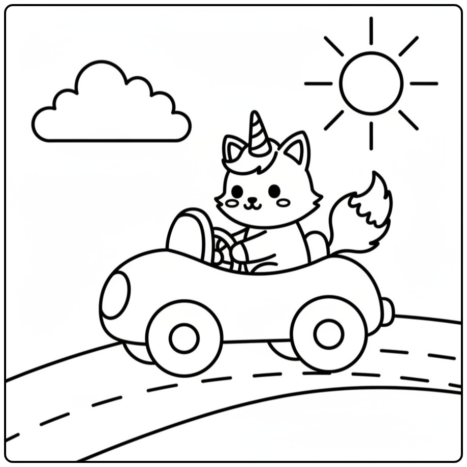 Een schattige unicorn kat kleurplaat van een poes in een auto.