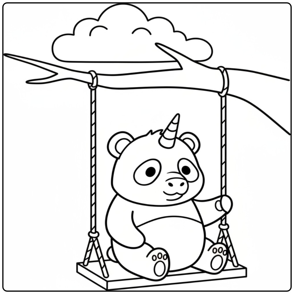 Een schattige unicorn panda kleurplaat van een dier op een schommel.