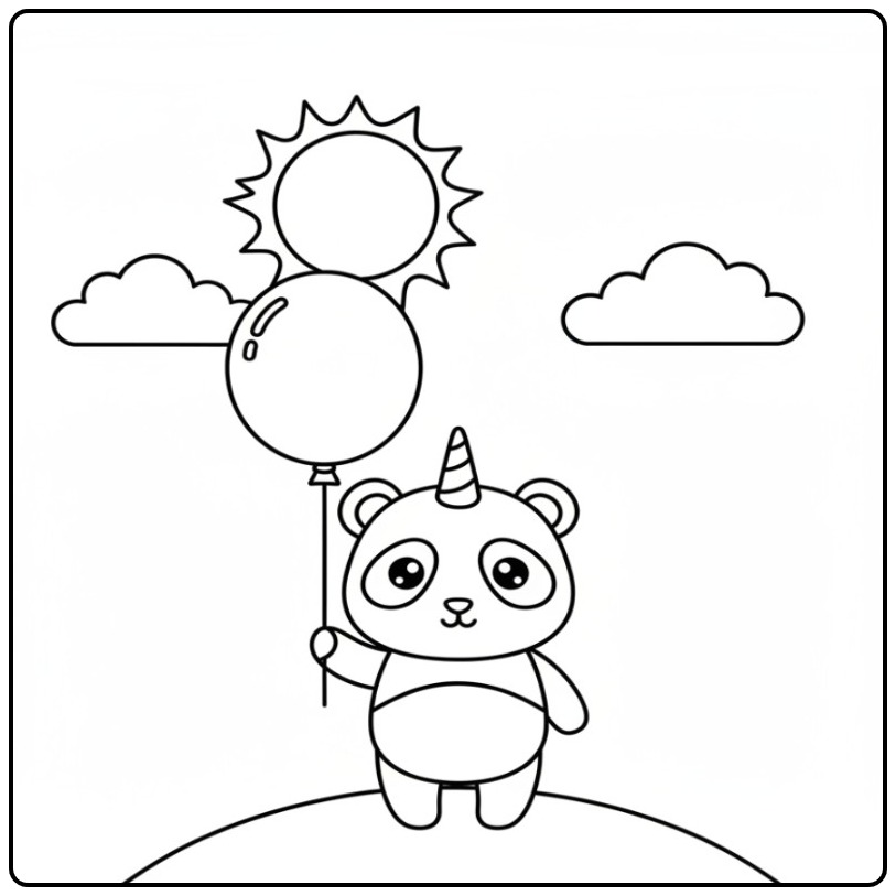 Een schattige unicorn panda kleurplaat met een grote ballon.
