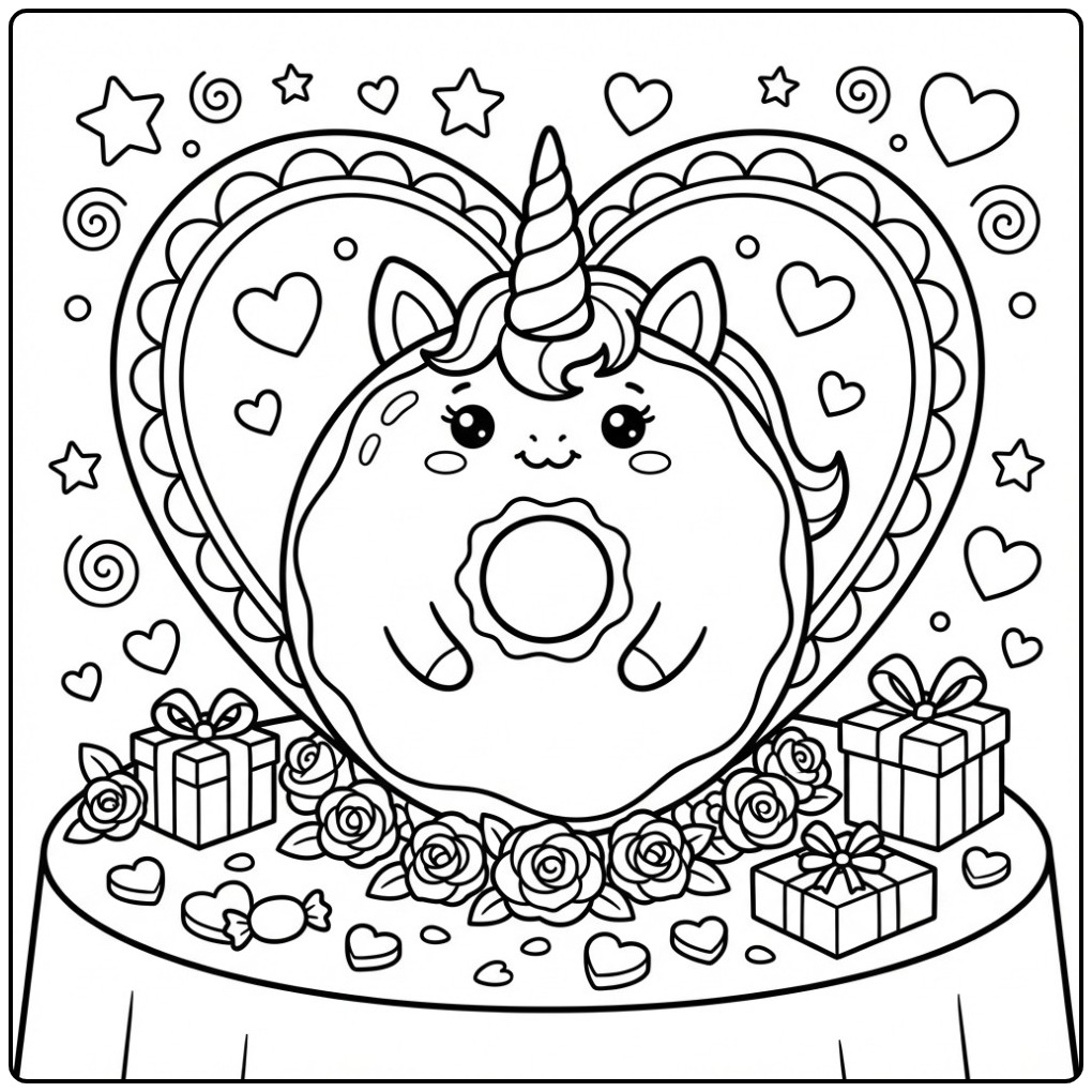 Een schattige Valentijn donut eenhoorn kleurplaat met hartjes.