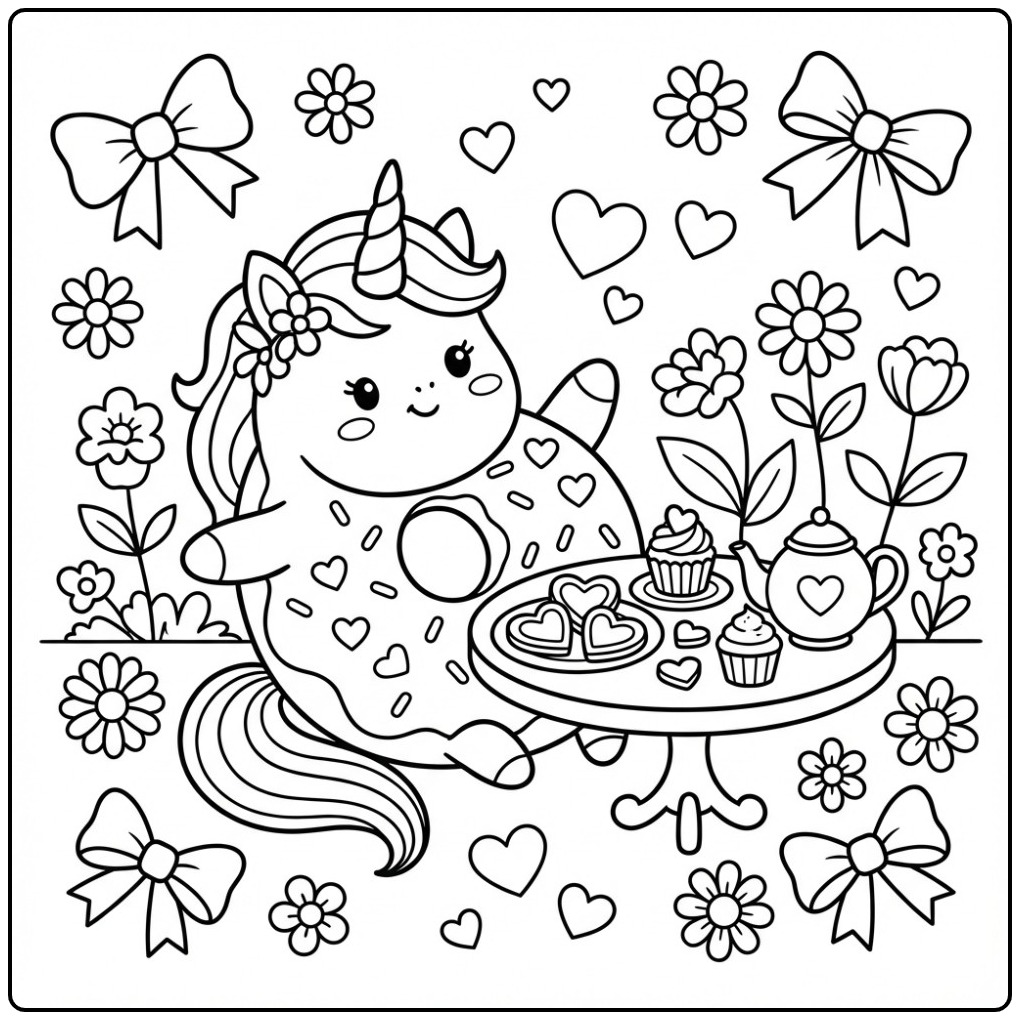 Een lieve Valentijn donut eenhoorn kleurplaat met een theekransje.