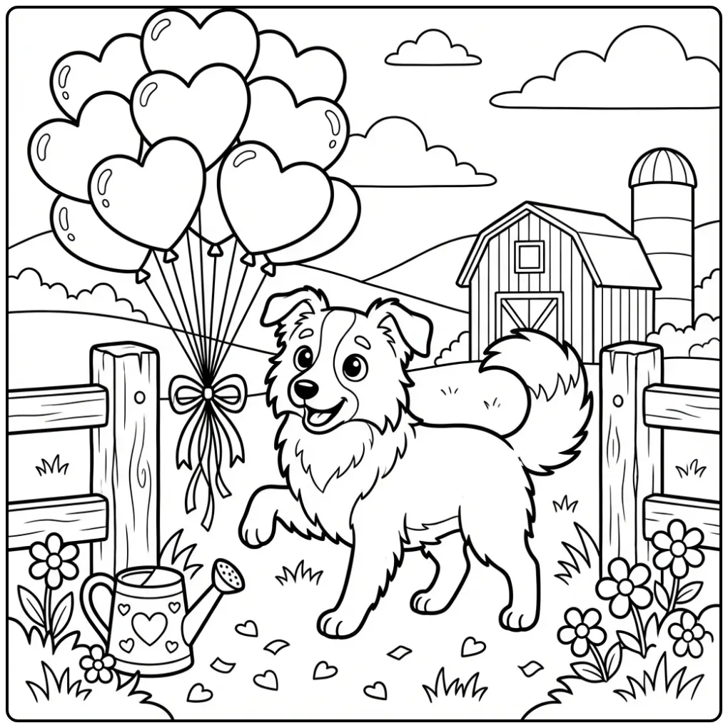 Border Collie op de boerderij, een kleurplaat hond met hartjes.