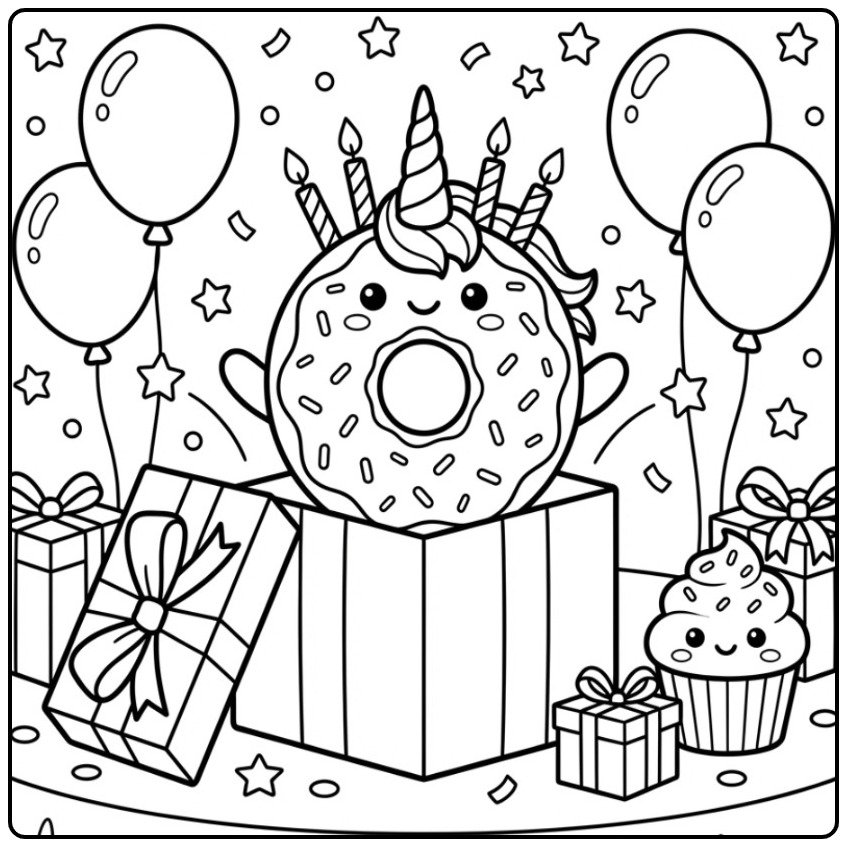 Leuke Verjaardag donut eenhoorn kleurplaat springt uit doos