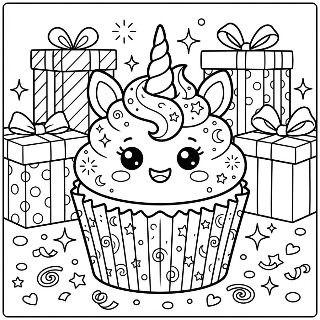 Schattige Verjaardag eenhoorn cupcake kleurplaat met cadeaus