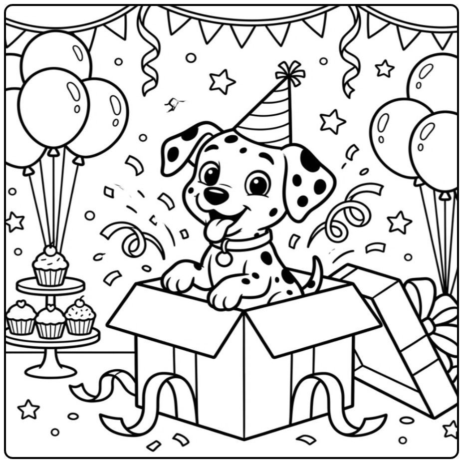 Schattige kleurplaat dalmatier puppy in een cadeau voor een feestje.