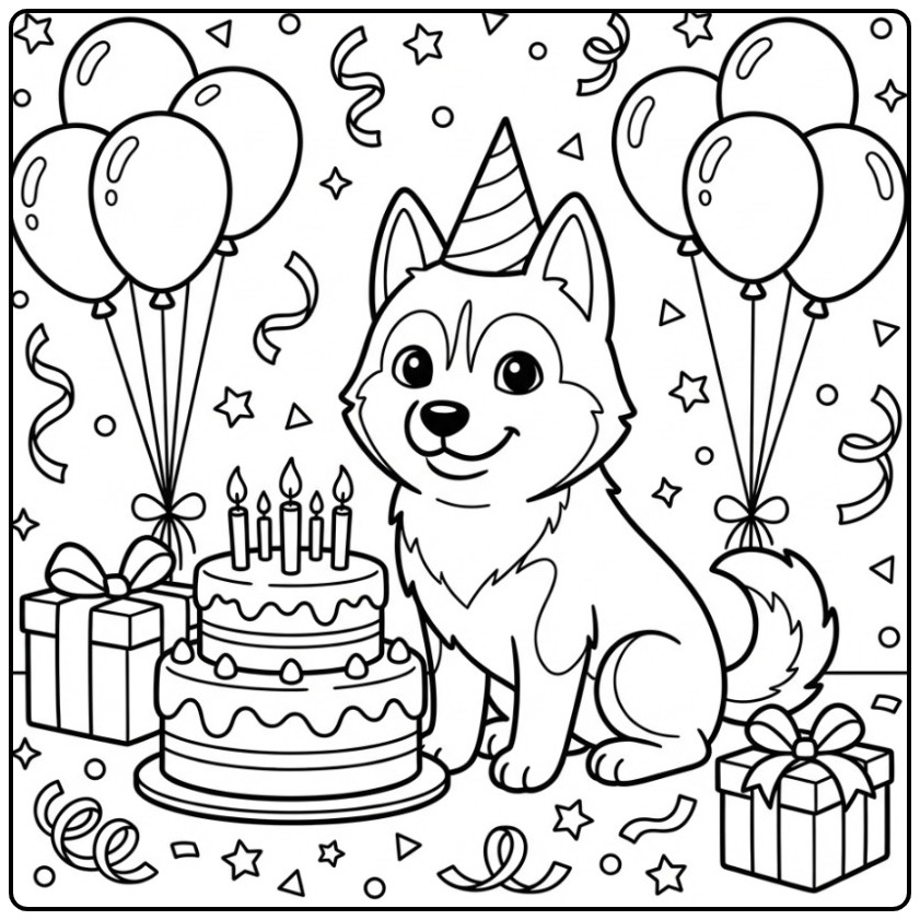 Een schattige kleurplaat husky met een feesthoed en cadeaus.