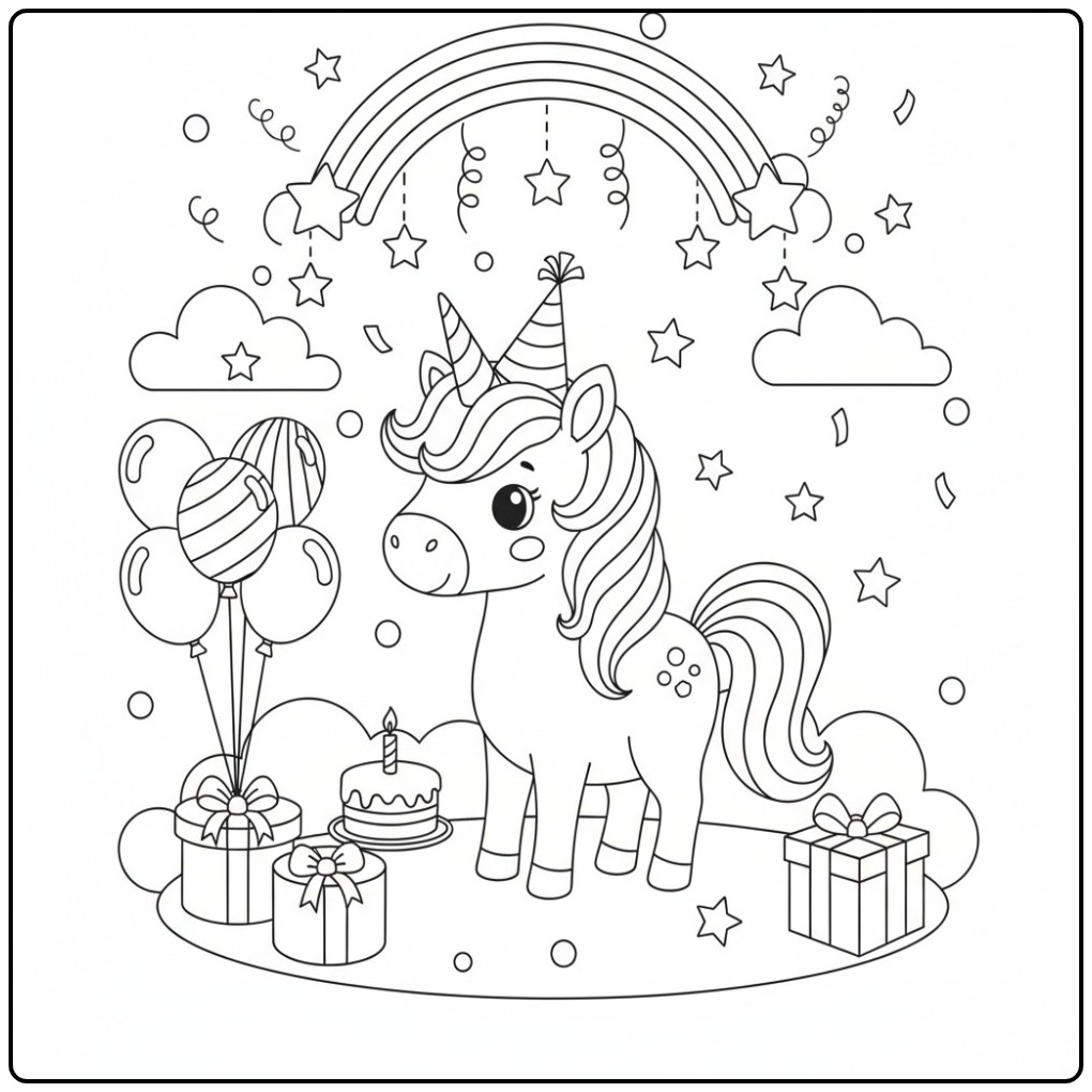 Een feestelijke kleurplaat unicorn regenboog met een taart.