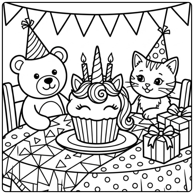 Een beer en kat vieren feest met een unicorn cupcake kleurplaat.