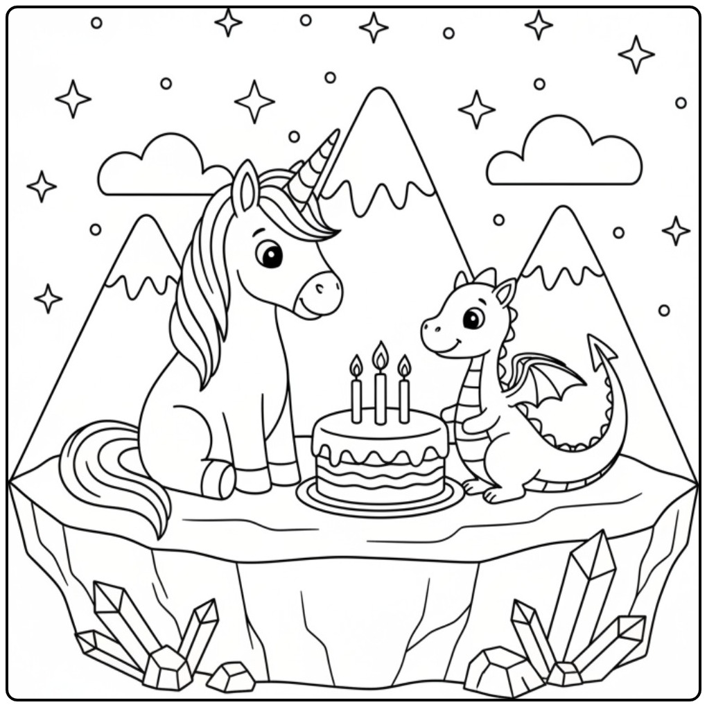 Schattige verjaardag taart kleurplaat eenhoorn met draak en cake.