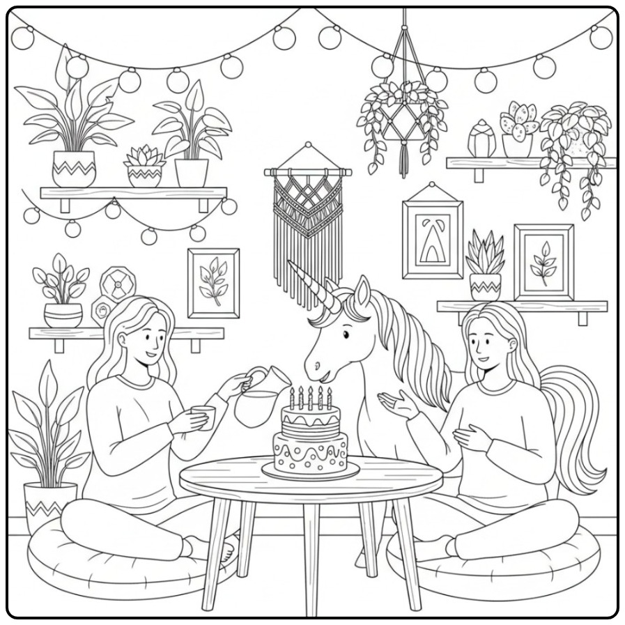 Leuke verjaardag taart kleurplaat eenhoorn met vriendinnen