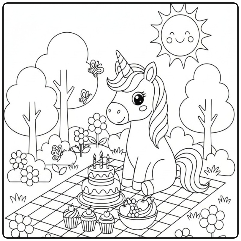 Verjaardag taart kleurplaat eenhoorn viert feest in de natuur.