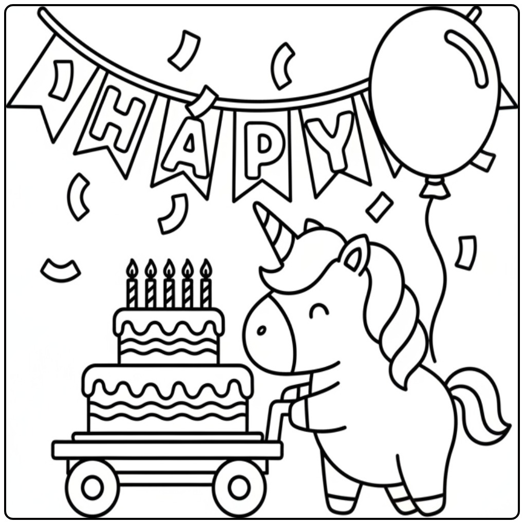 Schattige verjaardag taart kleurplaat eenhoorn met feestdecoratie.