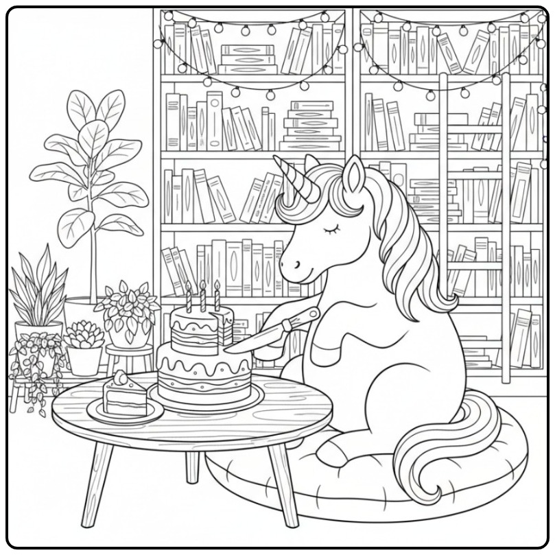 Leuke verjaardag taart kleurplaat eenhoorn snijdt een feesttaart