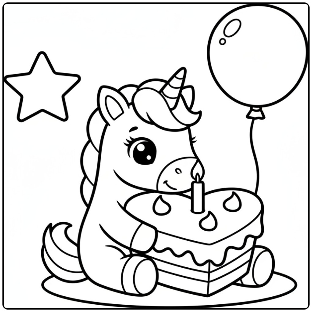 Leuke verjaardag taart kleurplaat eenhoorn met ballonnen en ster.