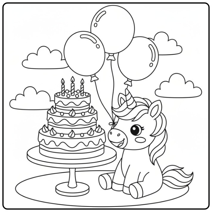 Leuke verjaardag taart kleurplaat eenhoorn met ballonnen en feestmuts.