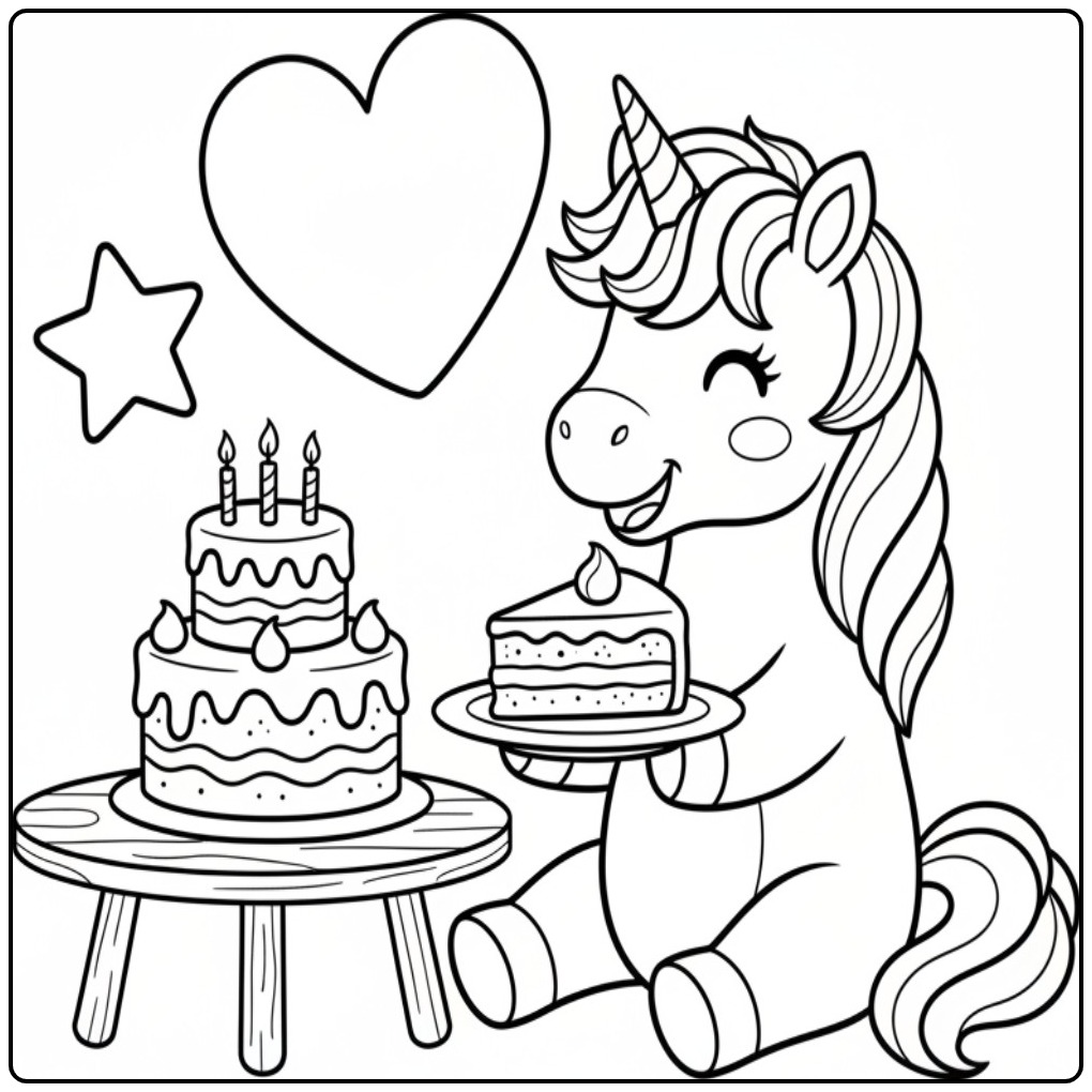 Leuke verjaardag taart kleurplaat eenhoorn met feestelijke taart.