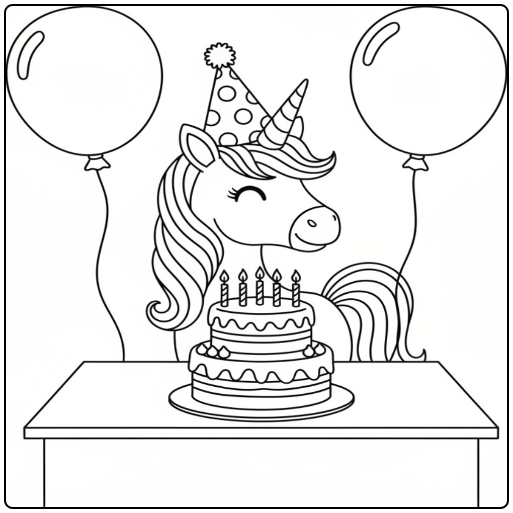 Verjaardag taart kleurplaat eenhoorn met feestmuts en ballonnen.