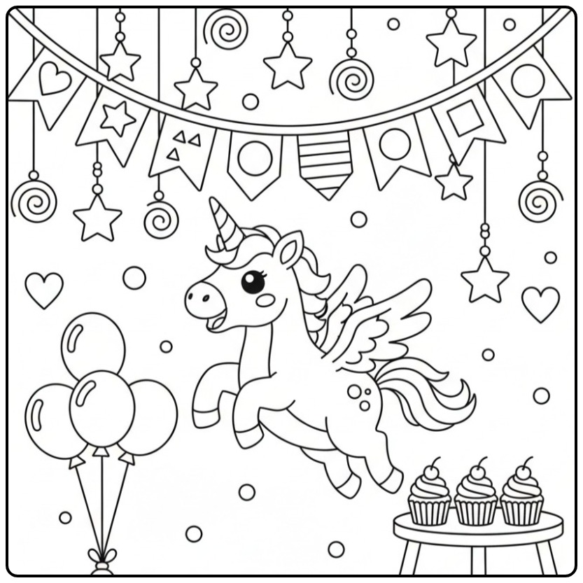 Leuke Verjaardagskleurplaat eenhoorn met vleugels en ballonnen.