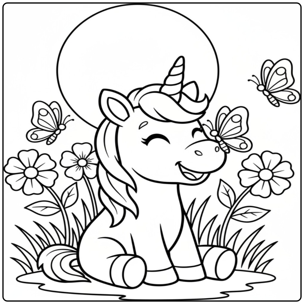Deze vlinders kleurplaat unicorn zit vrolijk tussen bloemen en vlinders.