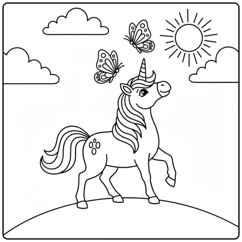 Schattige vlinders kleurplaat unicorn met vlinders en zon.