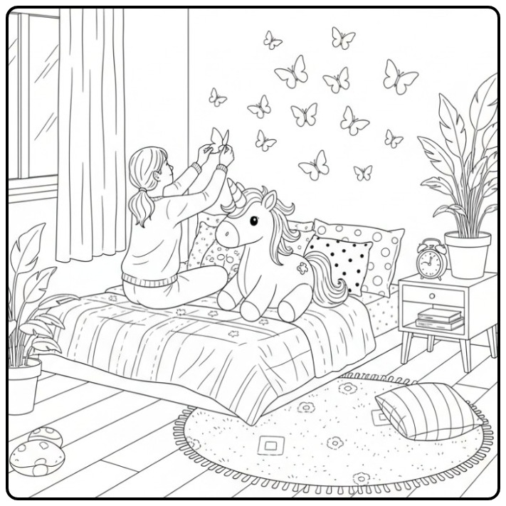 Leuke vlinders kleurplaat unicorn met meisje dat muur versiert