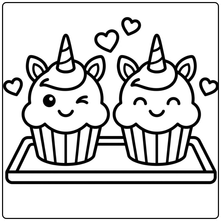 Een schattige unicorn cupcake kleurplaat met twee verliefde cakejes.