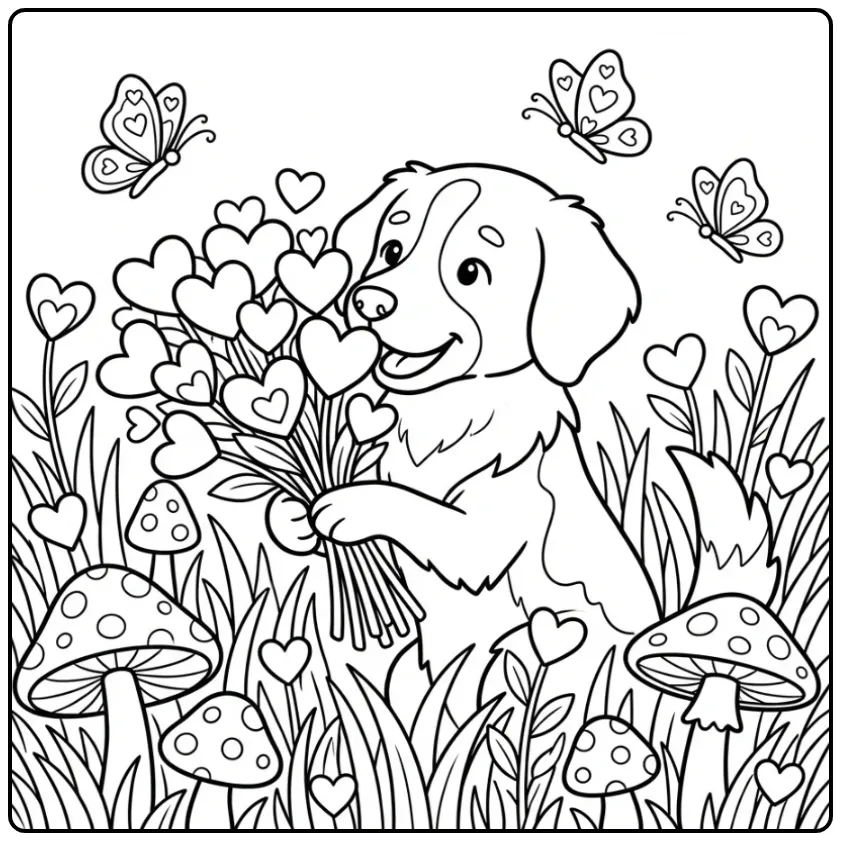 Een lieve Drentsche Patrijshond op een kleurplaat hond met hartjes.