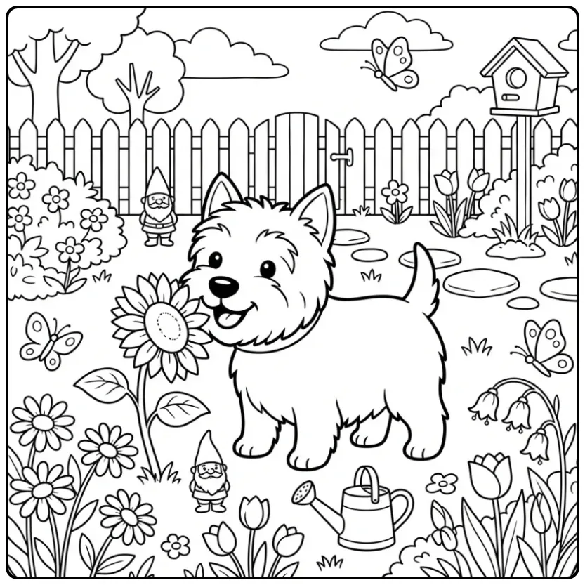 Westie in tuin kleurplaat hond schattig met bloemen en vlinders
