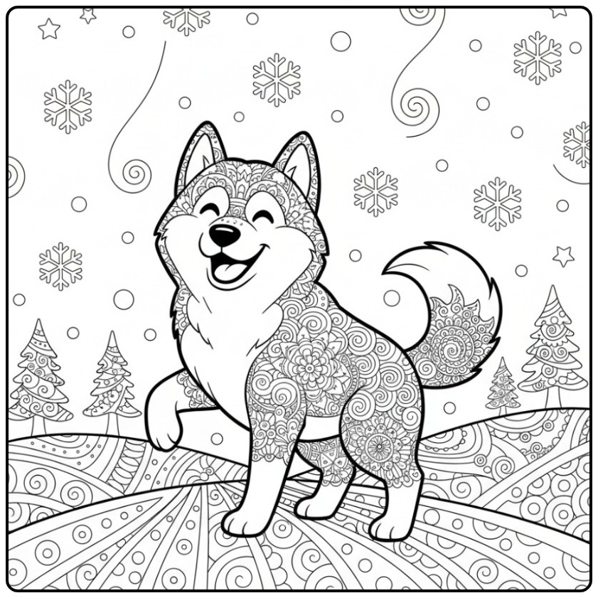 Een speelse Siberische Husky als kleurplaat mandala hond in sneeuw.