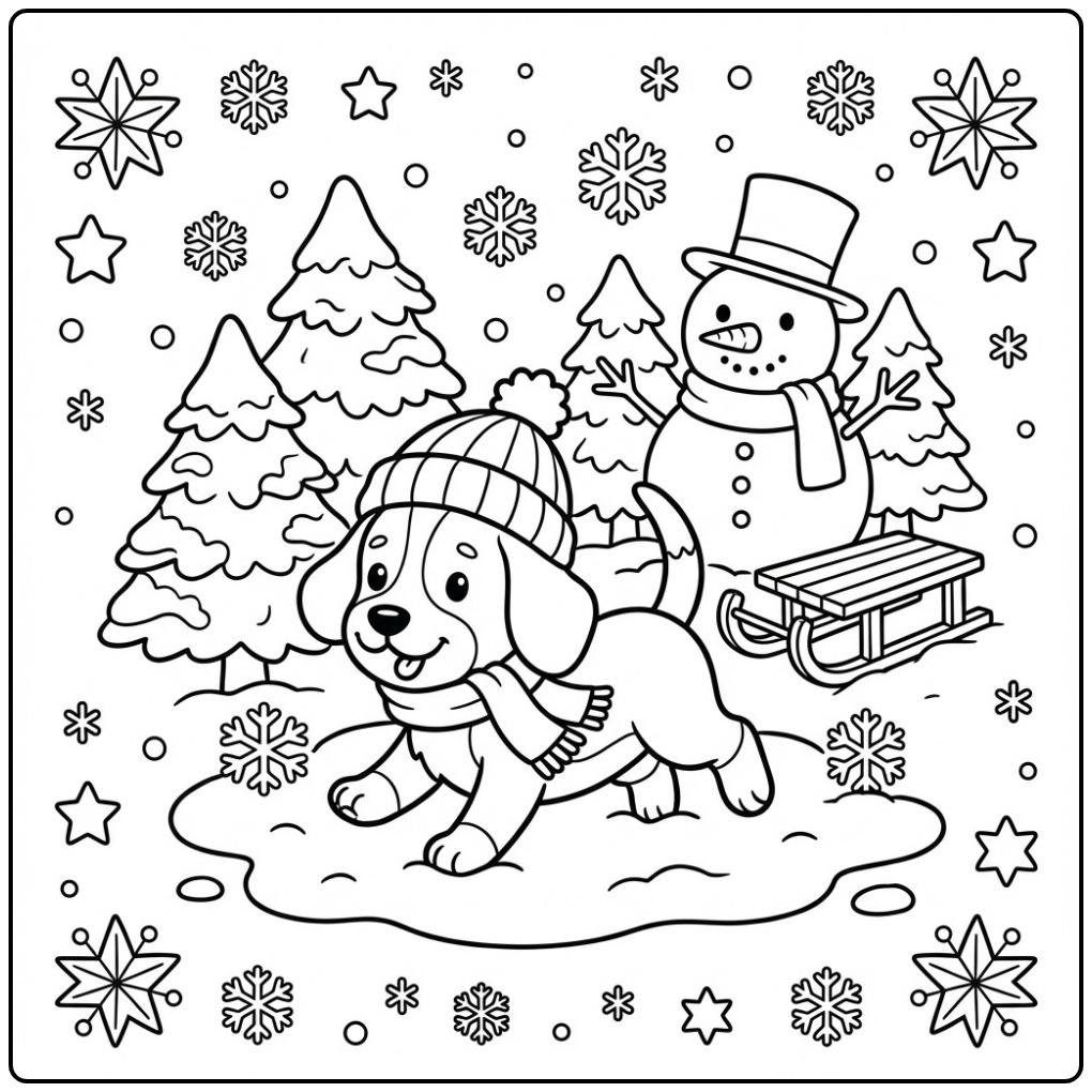 Een leuke kleurplaat beagle in de sneeuw met een sneeuwpop.
